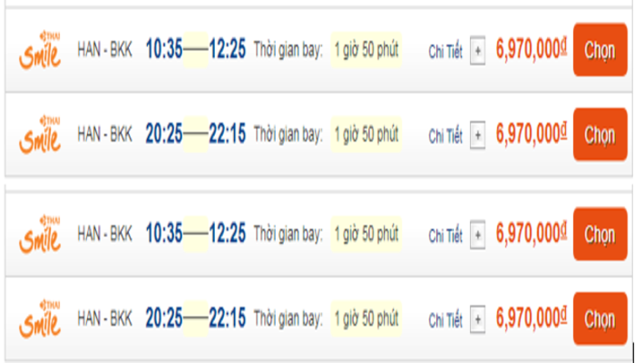 Cập nhật giá vé máy bay đến Bangkok từ Hà Nội hạng thương giaThai Smile