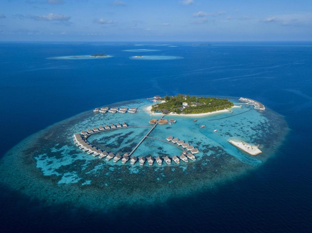 Toàn cảnh Maldives nhìn từ trên cao với các rạn san hô màu sắc giữa đại dương xanh biếc.