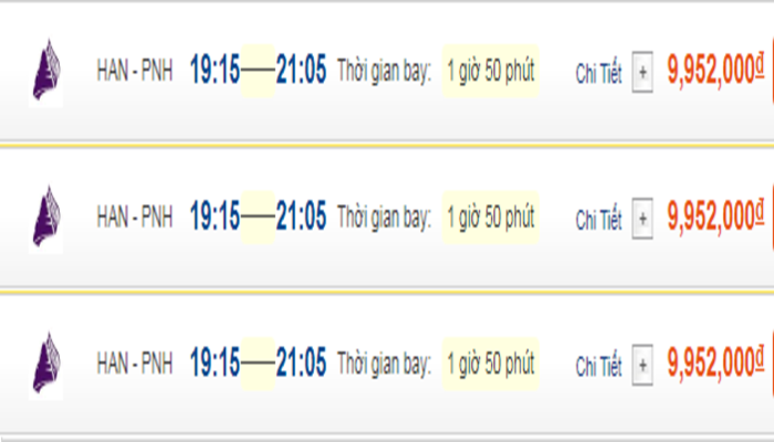 Tham khảo giá vé máy bay đến Phnom Penh từ Hà Nội hạng phổ thông Cambodia Angkor Air 
