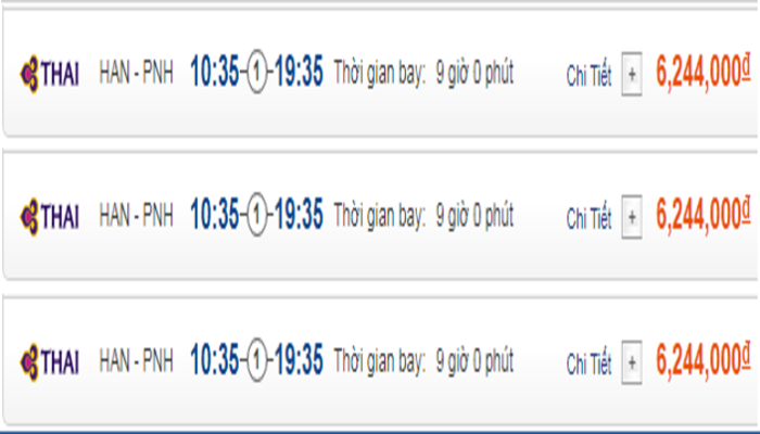 Cập nhật giá vé máy bay đến Phnom Penh từ Hà Nội hạng phổ thông Thai Airways 