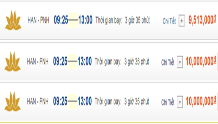 Tham khảo giá vé máy bay đến Phnom Penh từ Hà Nội hạng phổ thông Vietnam Airlines
