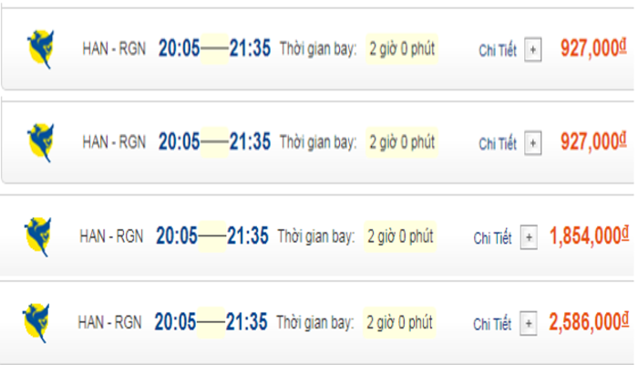 Cập nhật giá vé máy bay đến Yangon từ Hà Nội hạng phổ thông Myanmar Airways International 