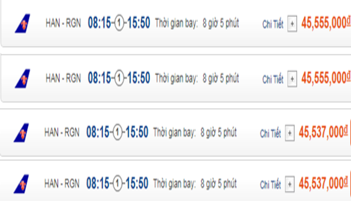 Cập nhật giá vé máy bay đến Yangon từ Hà Nội hạng phổ thông China Southern Airlines