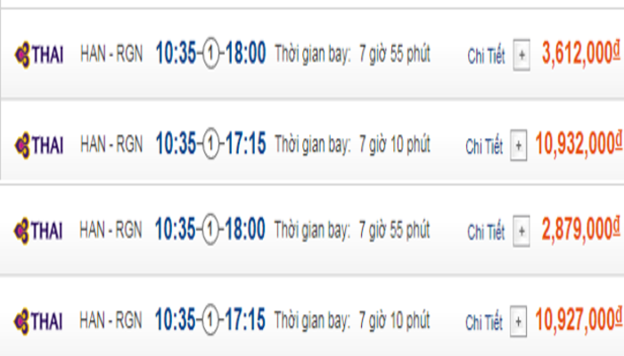 Cập nhật giá vé máy bay đến Yangon từ Hà Nội hạng phổ thông Thai Airways 