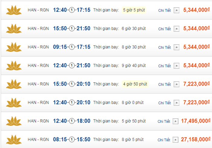 Cập nhật giá vé máy bay đến Yangon từ Hà Nội hạng phổ thông Vietnam Airlines
