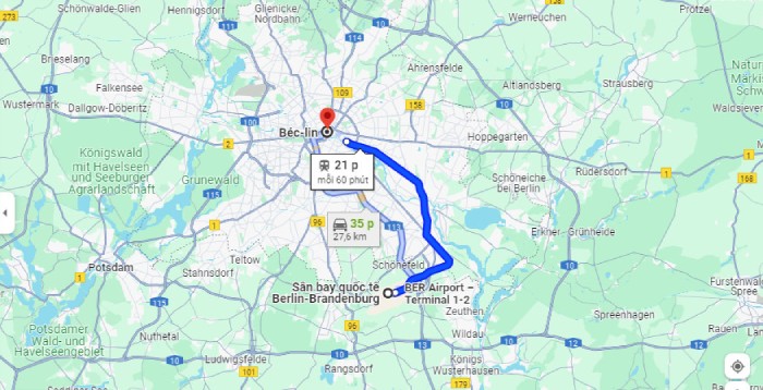 Di chuyển từ sân bay Berlin Brandenburg về trung tâm mất khoảng 30 phút tùy phương tiện