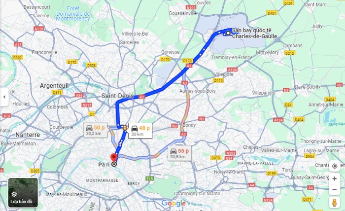 Di chuyển từ sân bay Charles-de-Gaulle đến trung tâm Paris mất khoảng 25km