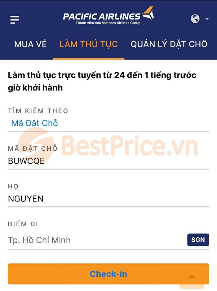 thủ tục check-in vé máy bay online Pacific Airlines