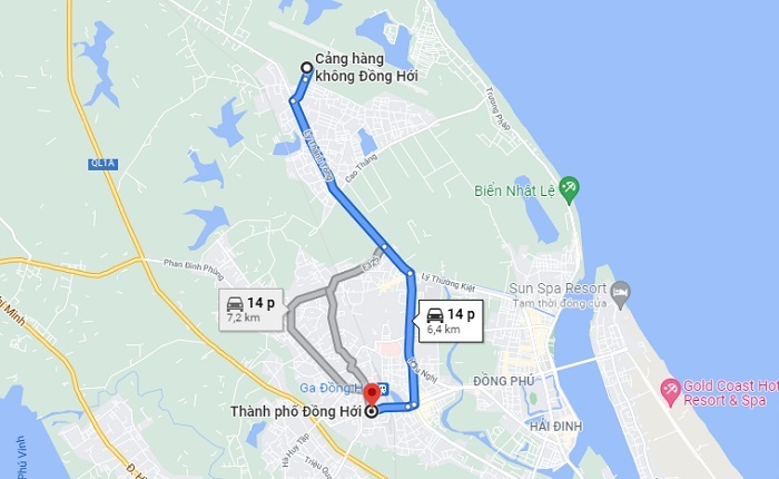thời gian di chuyển từ sân bay Đồng Hới về trung tâm khoảng 15-20 phút