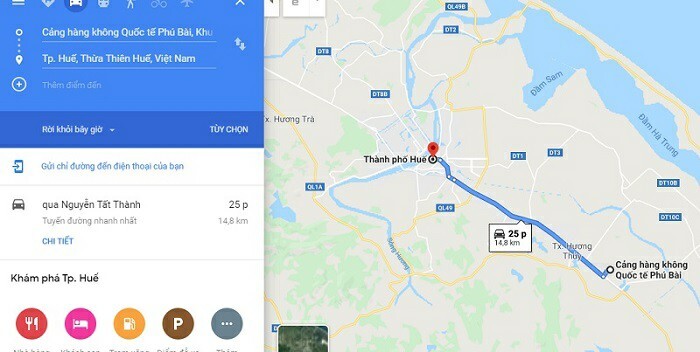 khoảng cách di chuyển từ sân bay Phú Bài về trung tâm Huế tầm 15km