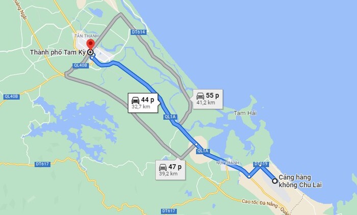 khoảng cách từ sân bay Chu Lai về Tam Kỳ khoảng 33 km