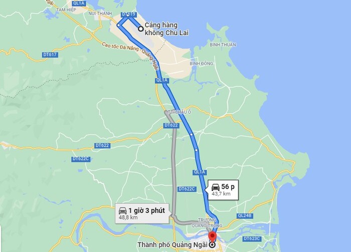 khoảng cách từ sân bay Chu Lai về Quảng Ngãi khoảng 44 km