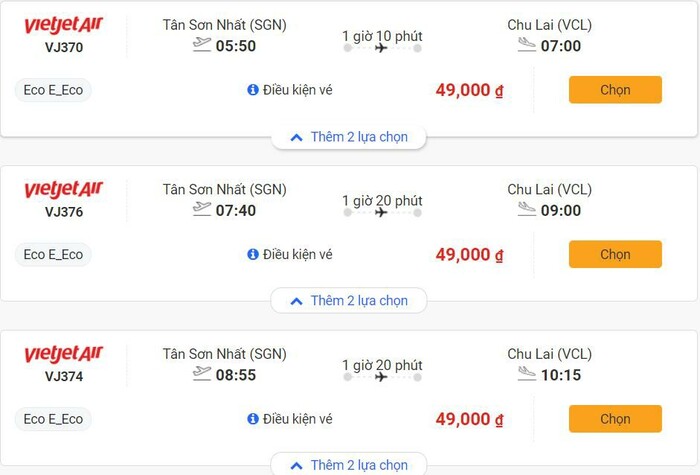 giá vé máy bay đi sân bay Chu Lai 