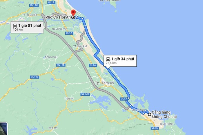 khoảng cách từ sân bay Chu Lai về Hội An khoảng 77 km