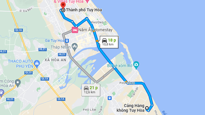 Thời gian di chuyển từ sân bay Tuy Hòa về trung tâm khoảng 15-20 phút