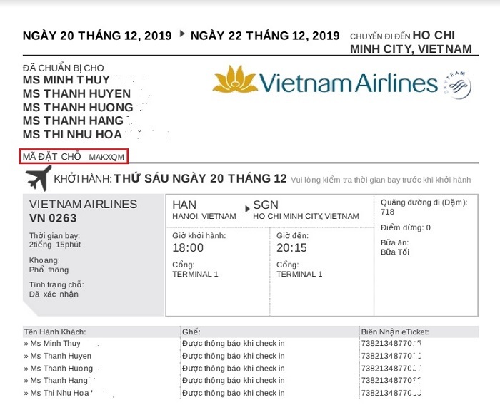 Kiểm tra vé máy bay Vietnam Airlines thông qua mã code