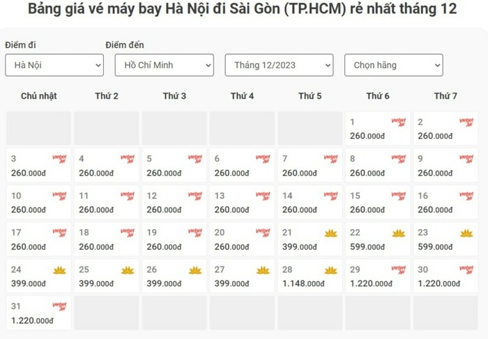 đặt vé máy bay đi Hà Nội từ TP Hồ Chí Minh tháng 12