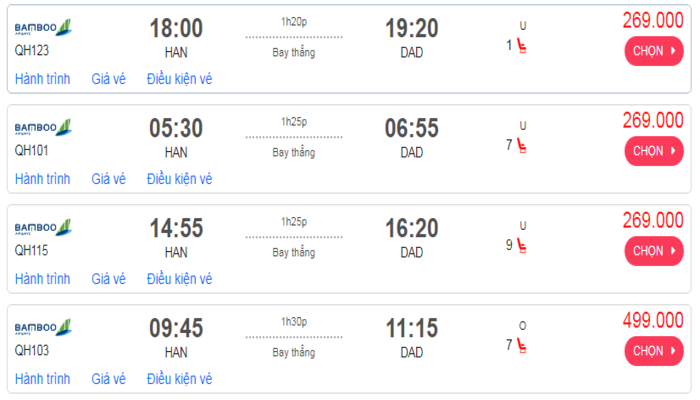 Cập nhật giá vé máy bay đến Đà Nẵng từ Hà Nội hạng phổ thông Bamboo mới nhất