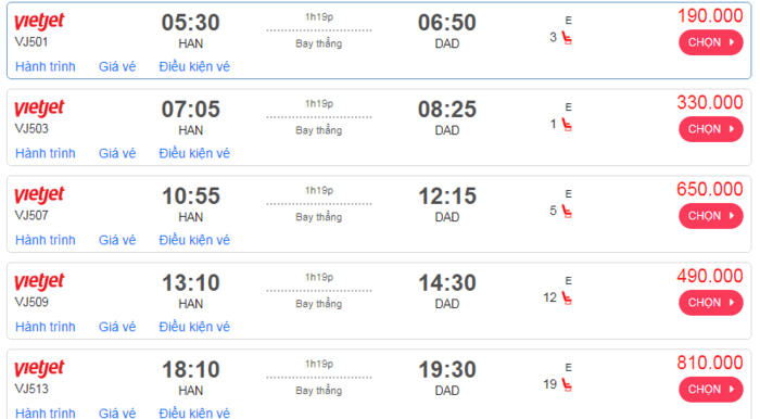 Cập nhật giá vé máy bay đến Đà Nẵng từ Hà Nội hạng phổ thông Vietjet Air mới nhất. 