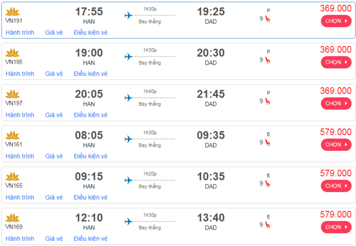 Cập nhật giá vé máy bay đến Đà Nẵng từ Hà Nội hạng phổ thông Vietnam Airlines mới nhất. 