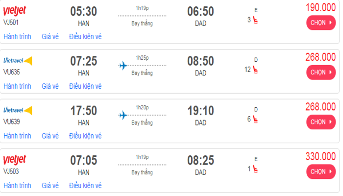 Cập nhật giá vé máy bay đến Đà Nẵng từ Hà Nội hạng phổ thông Vietravel mới nhất. 