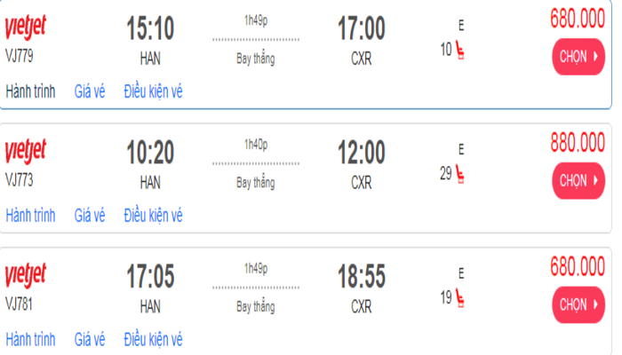 Tham khảo giá vé máy bay đến Nha Trang từ Hà Nội hạng phổ thông Vietjet Air
