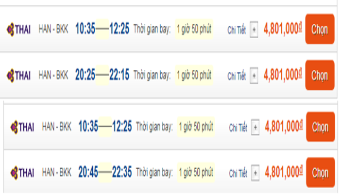 Cập nhật giá vé máy bay đến Bangkok từ Hà Nội hạng thương gia Thai Airways 