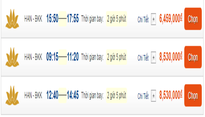 Cập nhật giá vé máy bay đến Bangkok từ Hà Nội hạng thương gia Vietnam Airlines mới nhất
