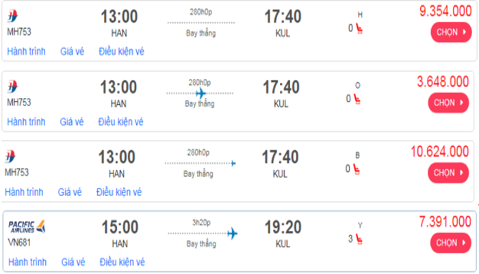 Cập nhật giá vé máy bay đến Kuala Lumpur từ Hà Nội hạng phổ thông Malaysia Airlines