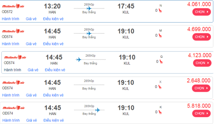 Cập nhật giá vé máy bay đến Kuala Lumpur từ Hà Nội hạng phổ thông Malindo