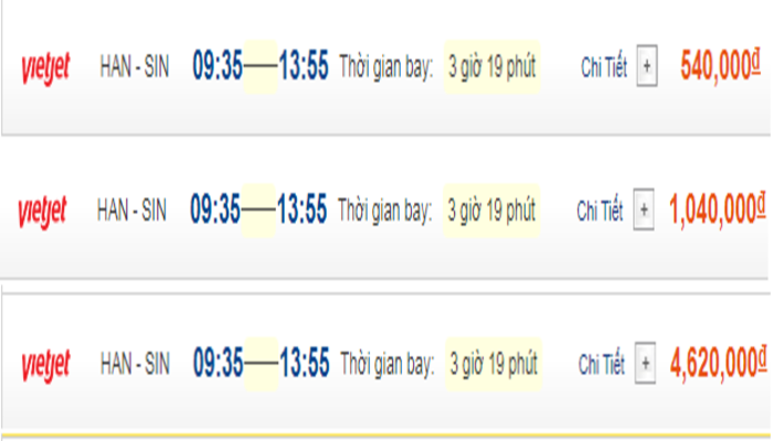 Cập nhật giá vé máy bay đến Singapore từ Hà Nội hạng phổ thông Vietjet Air 