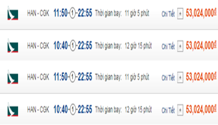 Cập nhật giá vé máy bay đến Jakarta từ Hà Nội hạng phổ thông Cathay Pacific