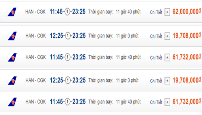 Cập nhật giá vé máy bay đến Jakarta từ Hà Nội hạng phổ thông China Southern Airlines 