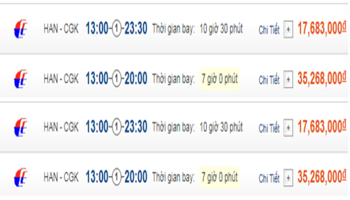 Cập nhật giá vé máy bay đến Jakarta từ Hà Nội hạng phổ thông Malaysia Airlines
