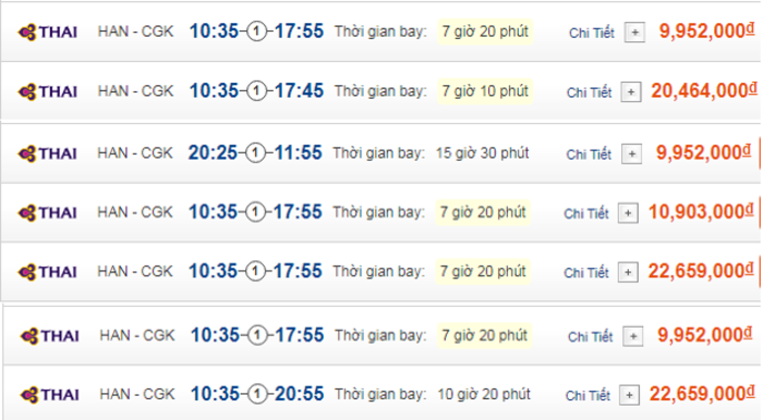 Cập nhật giá vé máy bay đến Jakarta từ Hà Nội hạng phổ thông Thai Airways 