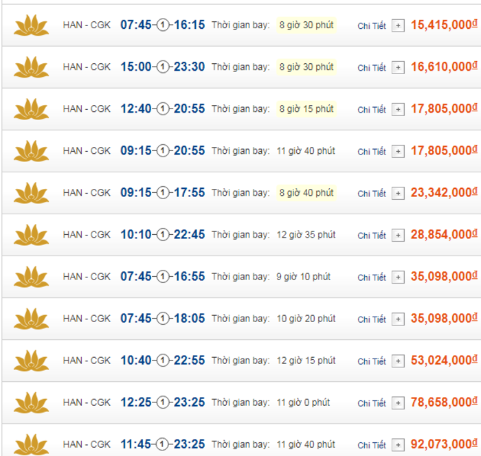 Cập nhật giá vé máy bay đến Jakarta từ Hà Nội hạng phổ thông Vietnam Airlines 