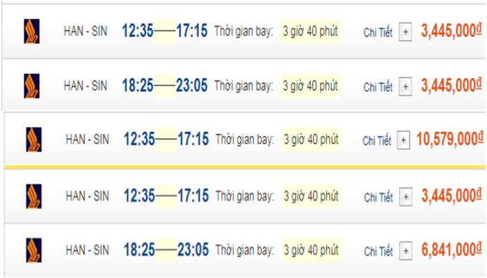 Cập nhật giá vé máy bay đến Singapore từ Hà Nội hạng phổ thông Singapore Airlines